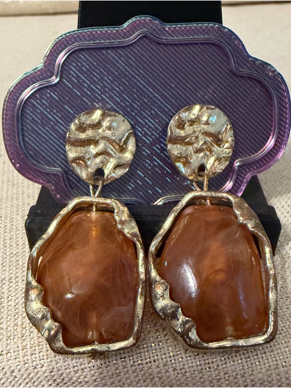 Gold-Tone Brown Resin Dangle Earrings